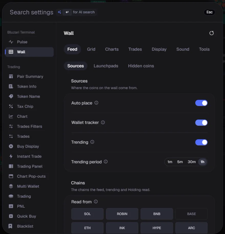 The Wall's feed settings: auto place, wallet tracker, trending.