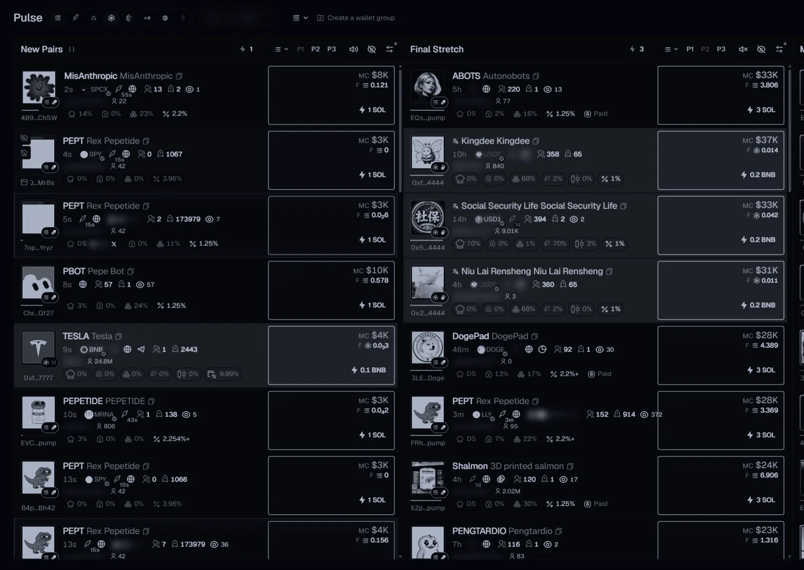 Axiom's Pulse page in grey: three wide columns of new coins, the pointer resting on a row and no preview open.
