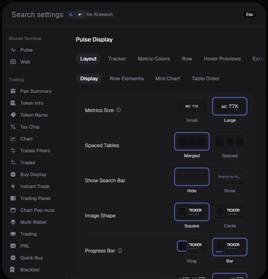Axiom's Settings window with Bluzari Terminal first in the sidebar.