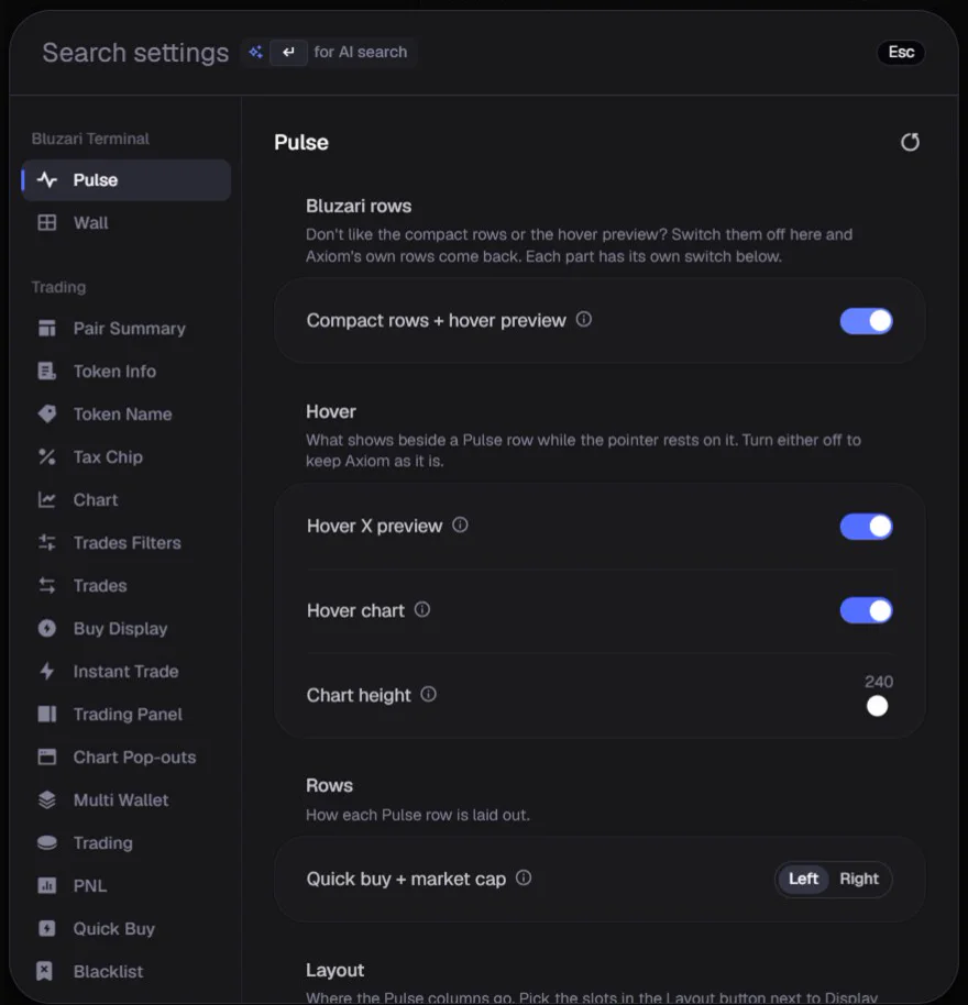 Axiom's Settings window, Bluzari's Pulse page: the switch for compact rows and the hover preview, turned on.